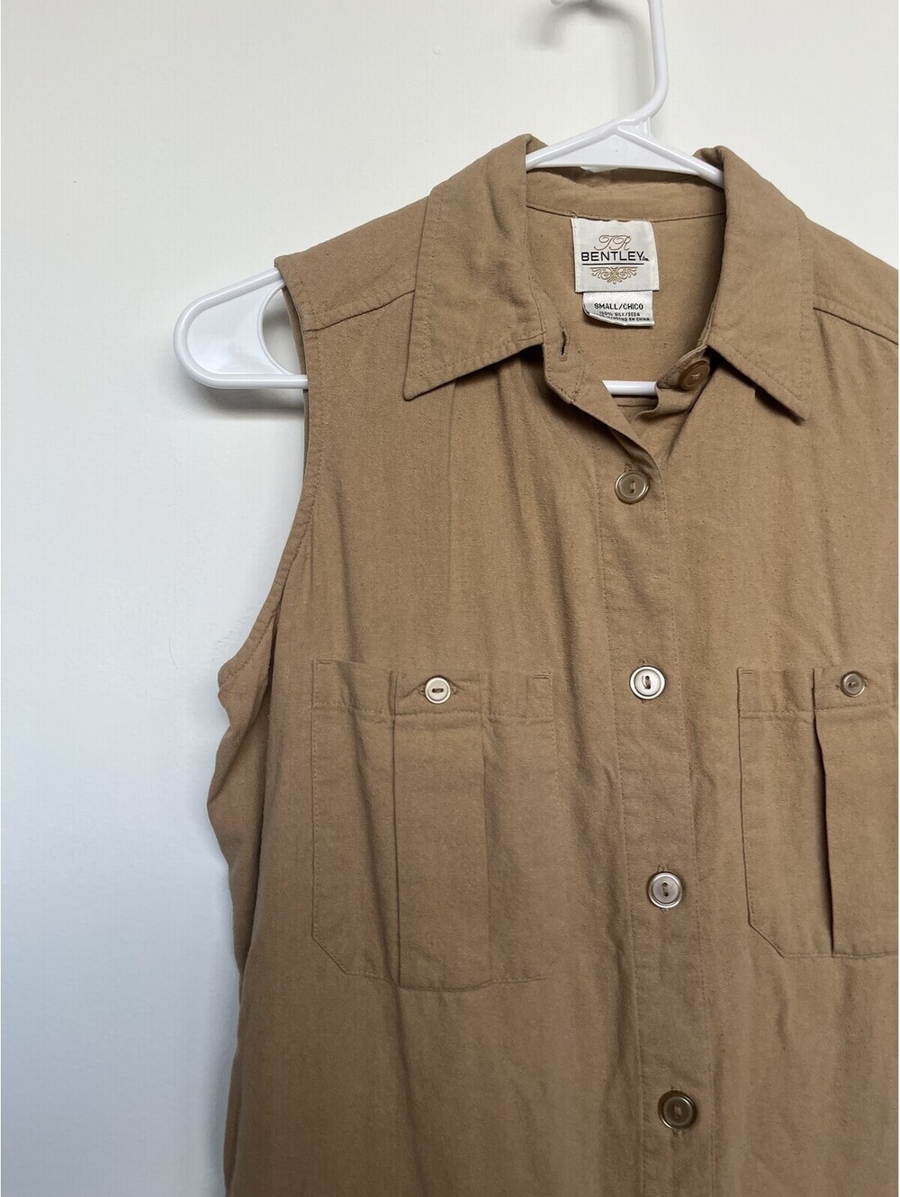 Vintage Y2K JR Bentley Silk Utility Shirt 100% Silk Tan Sleeveless Small - Picture 2 of 5